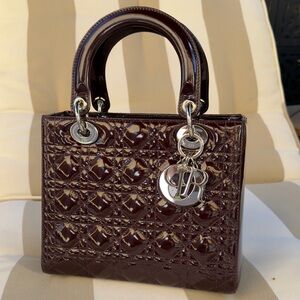 DIOR Cannage Lady Dior Burgundy Patent Leather Silver Hardware Strap Cards COA